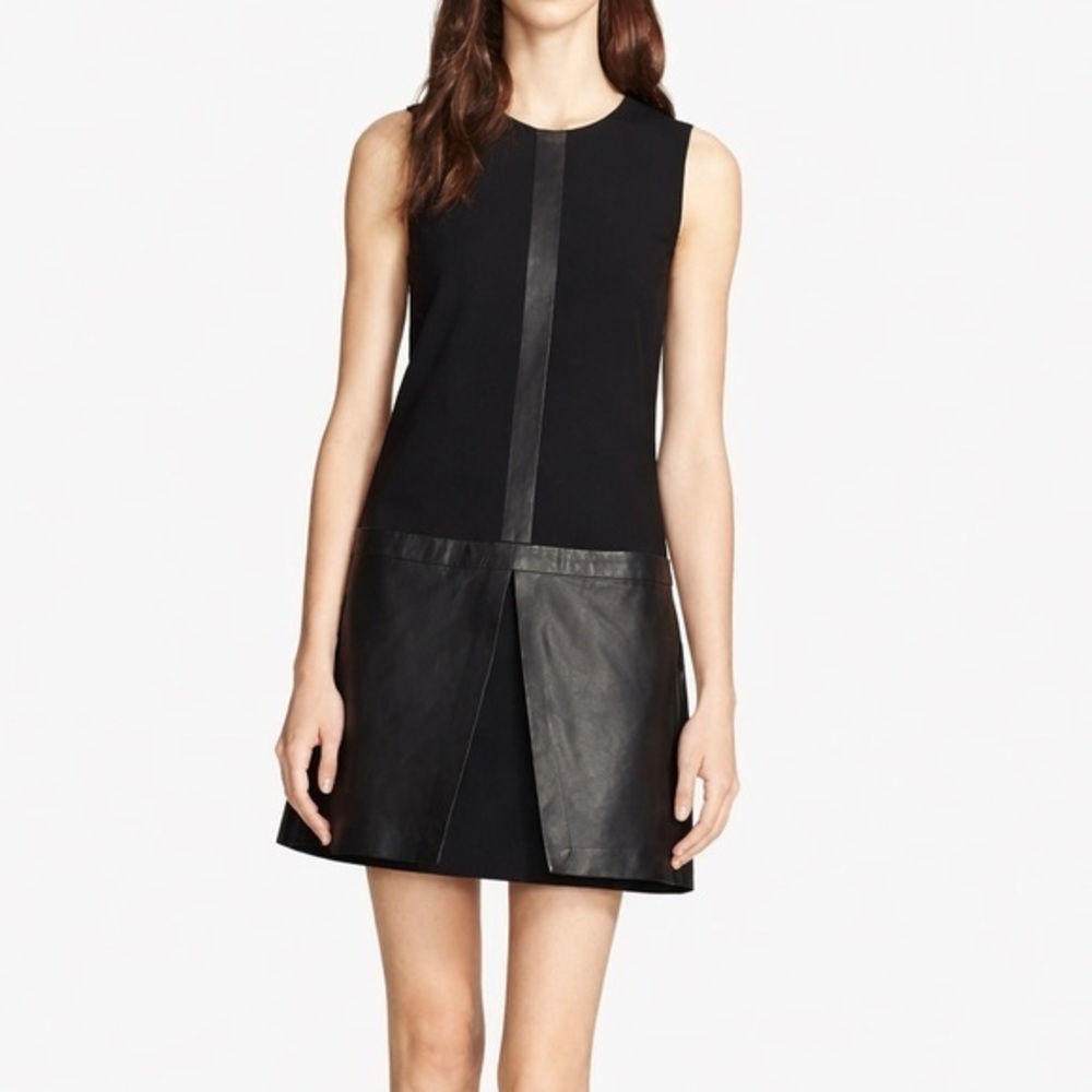 Theory Haddie C Sleeveless Leather Panel Shift Mini Dropwaist Dress Black 2 NEW